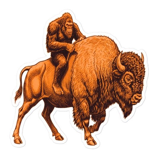 Bigfoot Riding Bison Sticker - I Love Cryptids