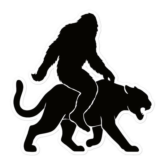 Bigfoot Riding Mountain Lion Sticker - I Love Cryptids
