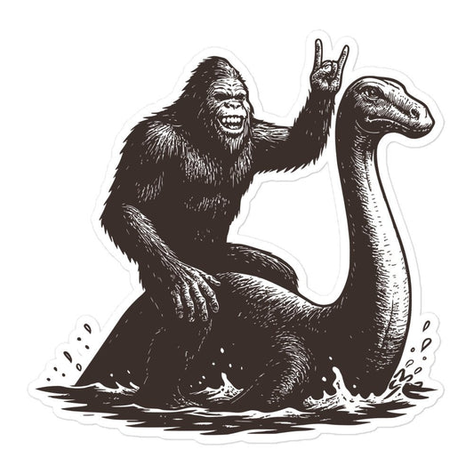 Bigfoot Riding Loch Ness Sticker - I Love Cryptids