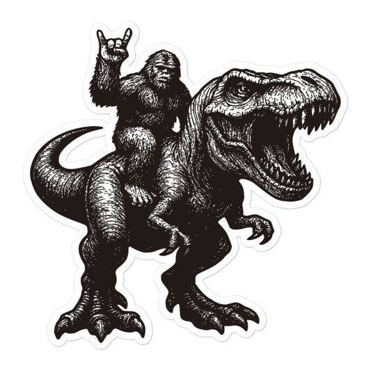 Bigfoot Riding T - Rex Sticker - I Love Cryptids